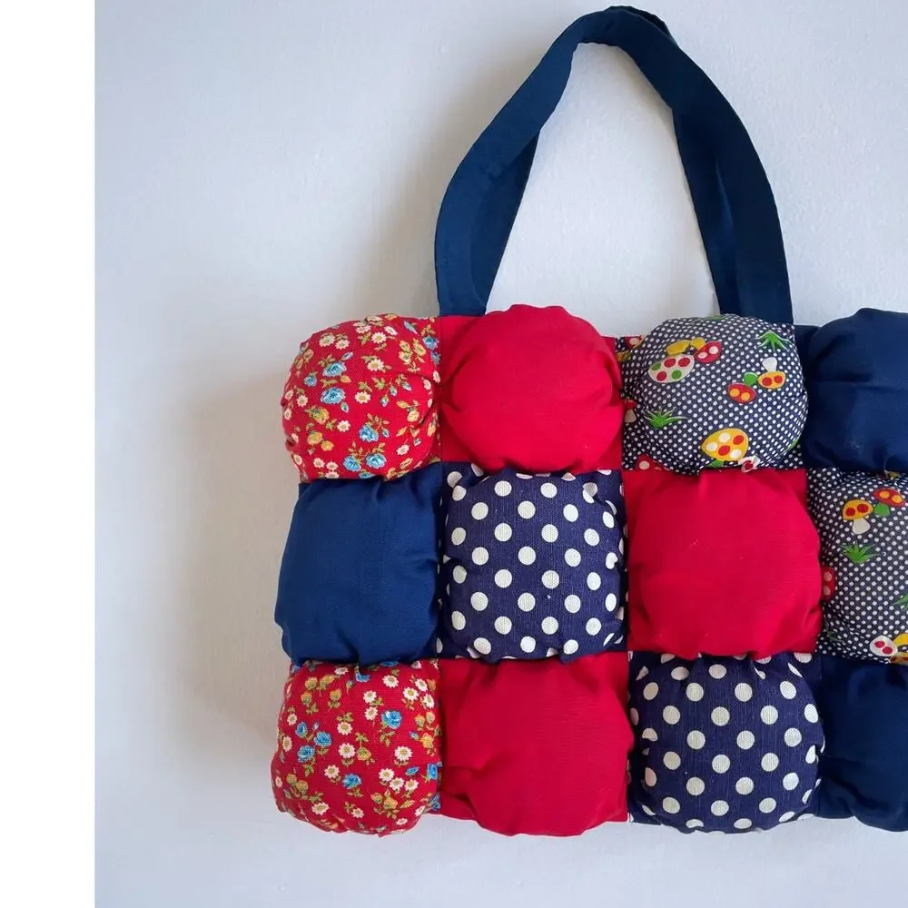 Vtg 70s Patchwork Cottagecore Bubble Bag Purse / Mushroom Polkadot Floral Unique